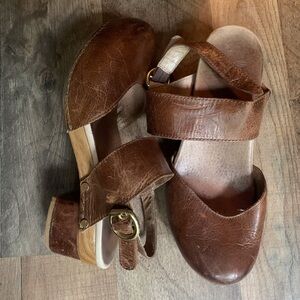 Brown Leather Dansko Heeled Strap Clogs